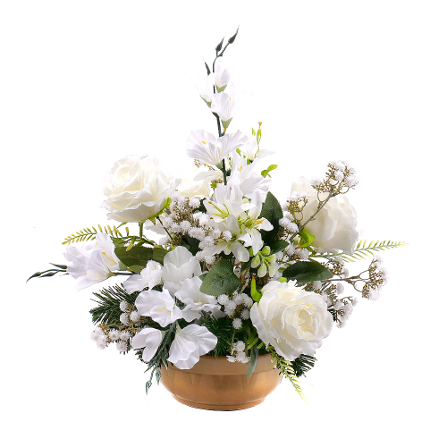 Irigo smuteční aranžmá v zatížené misce bílé květy